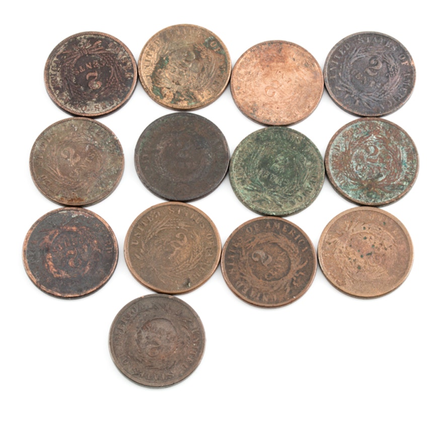 Thirteen U.S. Two-Cent Shield Coins