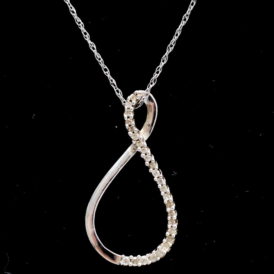 10K White Gold Diamond Infinity Pendant and Chain