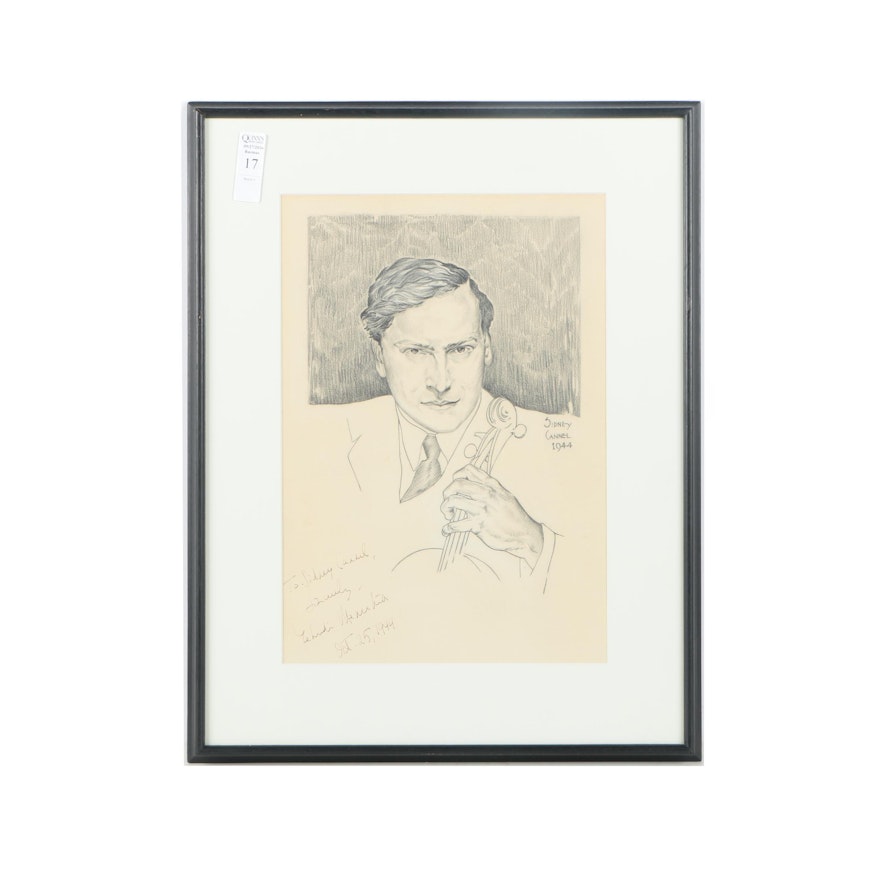 Sidney Cannel Autographed 1944 Charcoal Drawing of Yehudi Menuhin