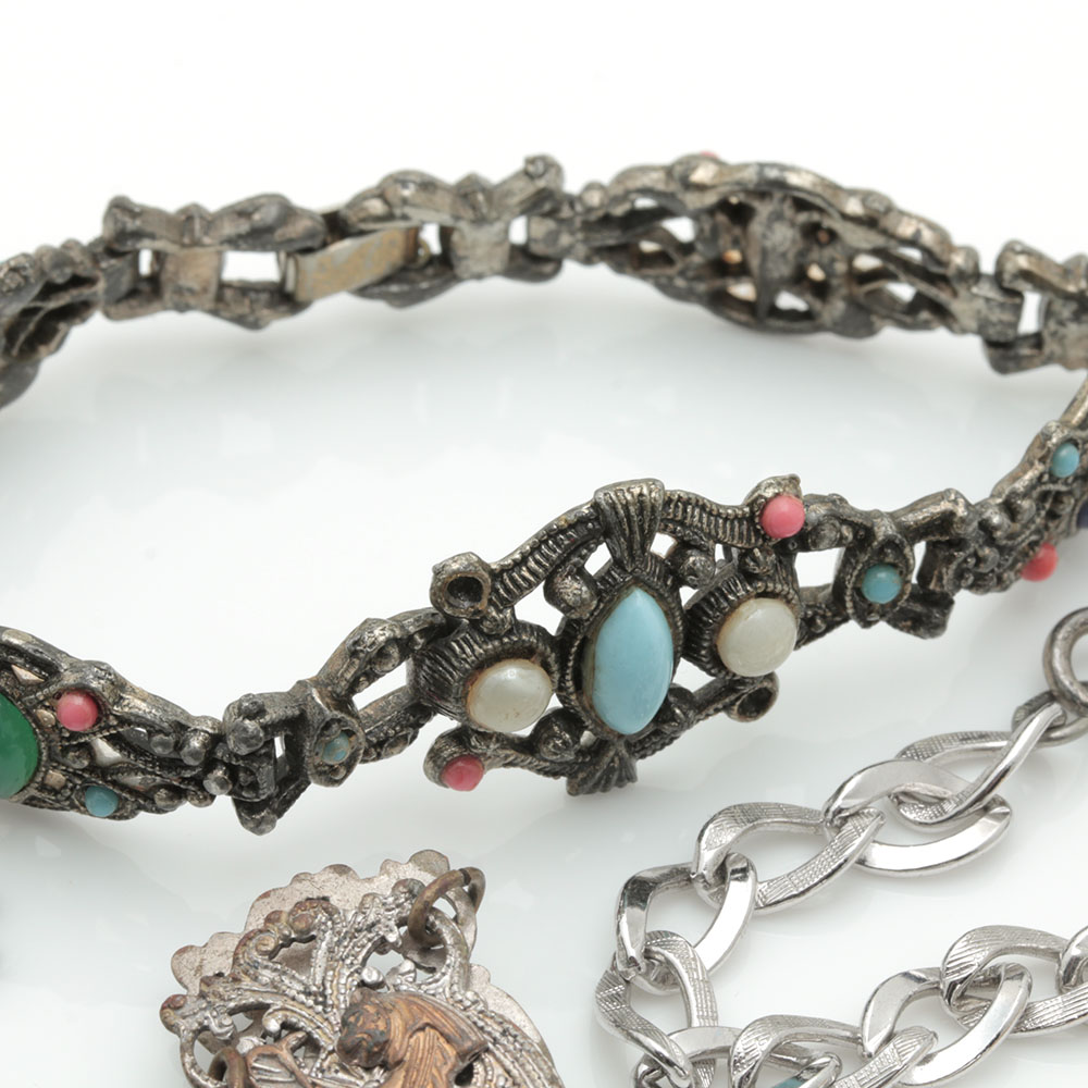 Assortment of Costume Jewelry Including Two Sterling Silver Charms