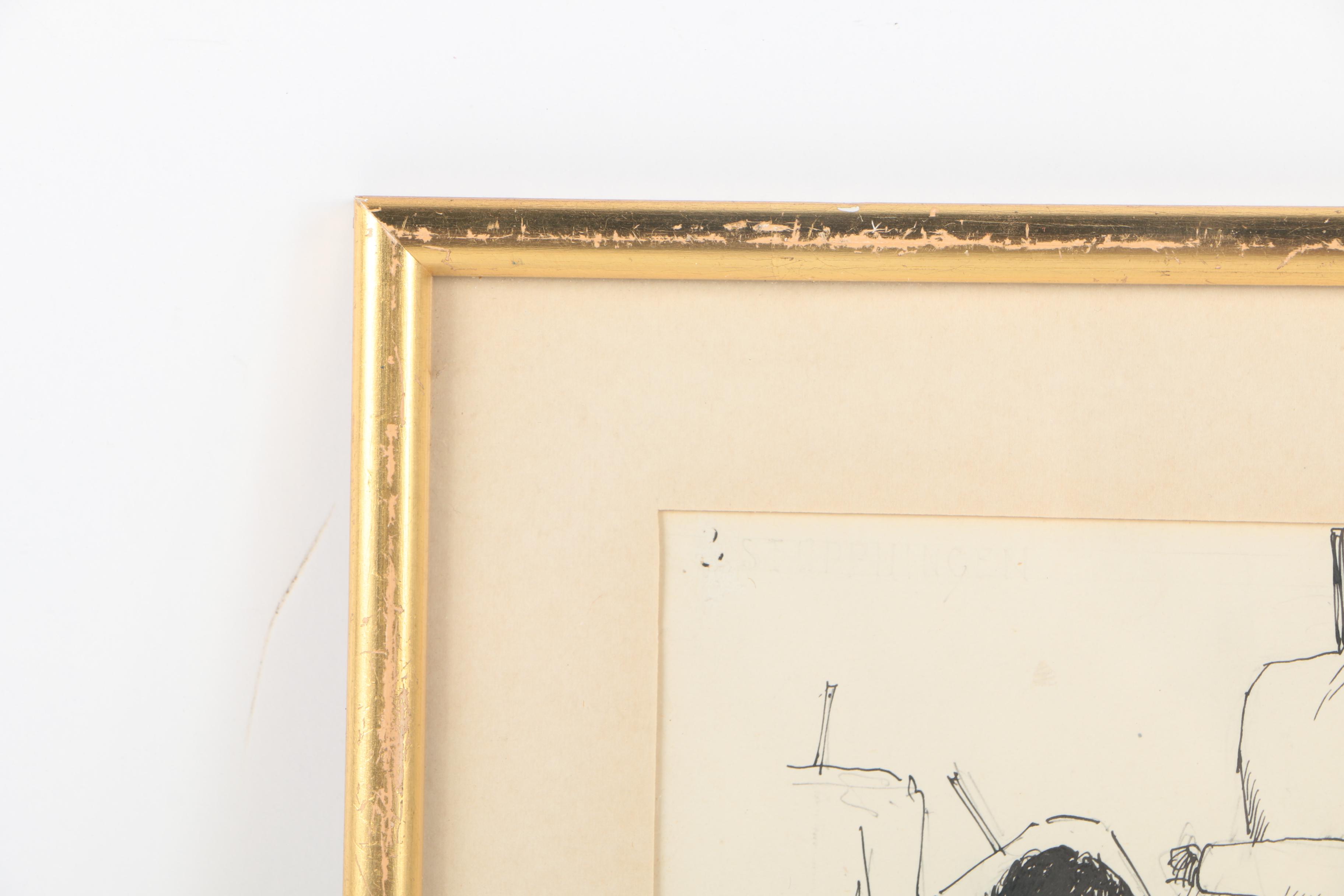 Oscar Keen Ink Drawing on Paper Illustration of a Tailor