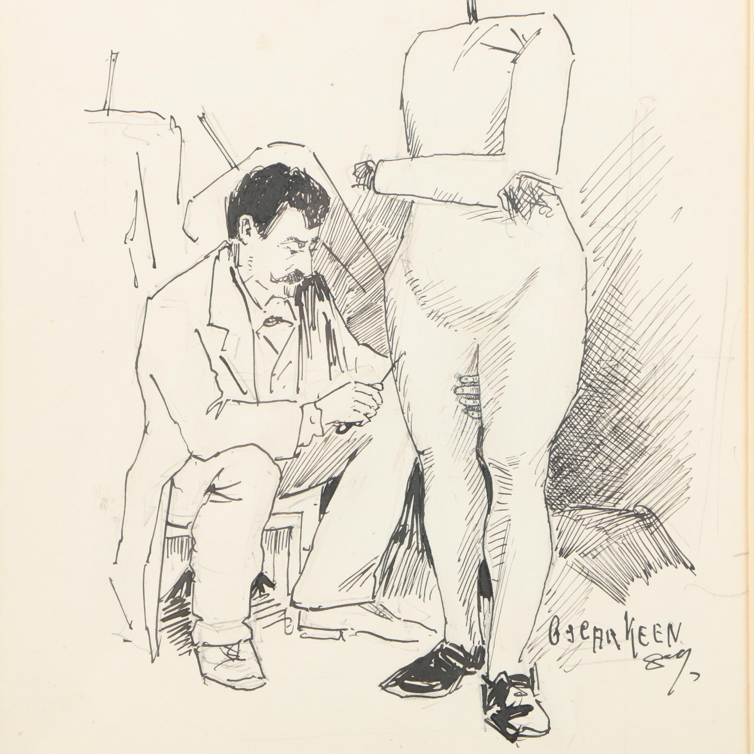 Oscar Keen Ink Drawing on Paper Illustration of a Tailor