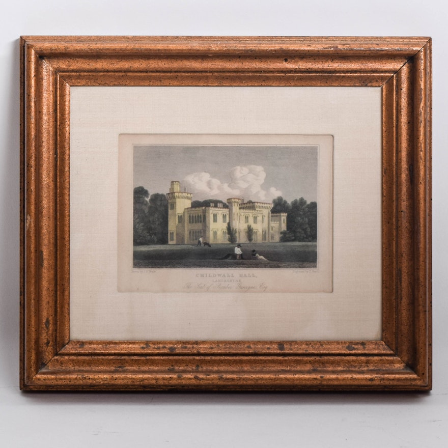 Antique "Childwall Hall" Framed Hand-Colored Engraving