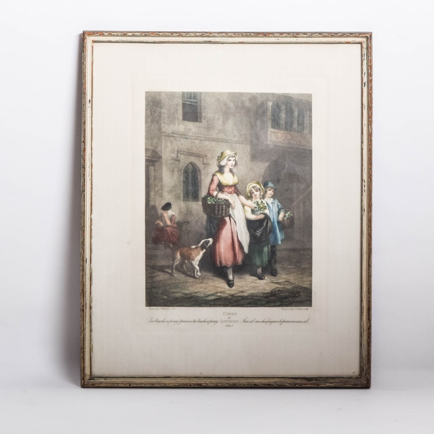 Antique "Cries of London: Plate I" Framed Hand-Painted Engraving