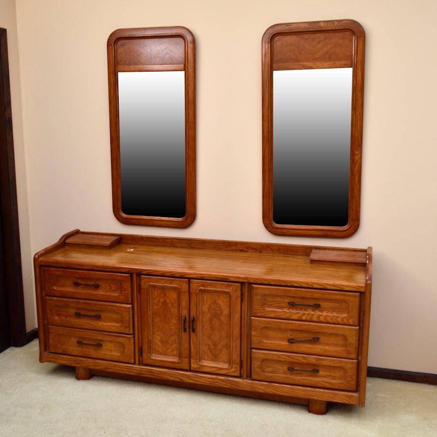 Vintage Oak Chest of Drawers with Vanity Mirrors by Empire