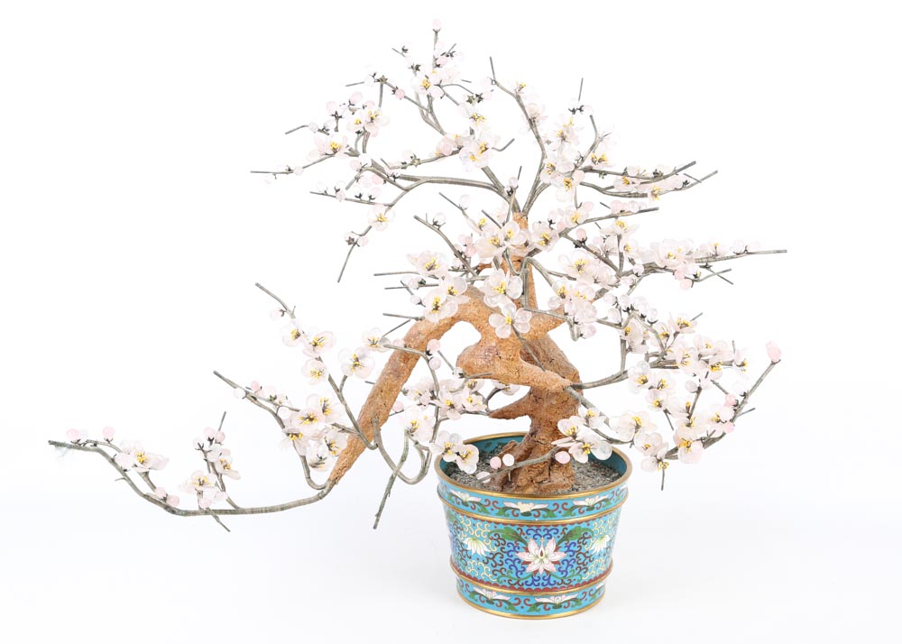 Beaded Cherry Blossom Sculpture in Cloisonné Urn