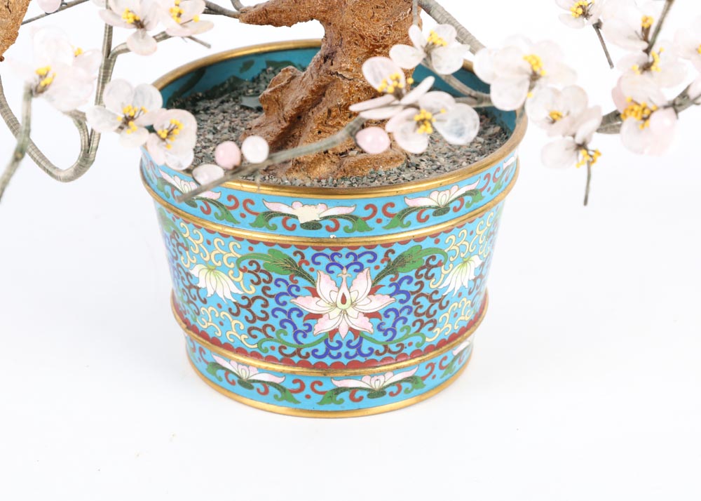 Beaded Cherry Blossom Sculpture in Cloisonné Urn