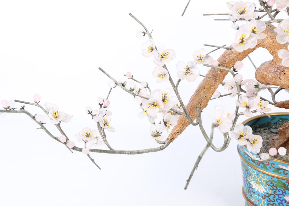 Beaded Cherry Blossom Sculpture in Cloisonné Urn