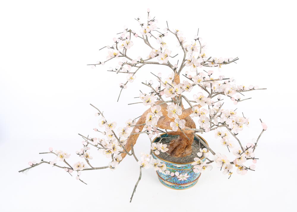 Beaded Cherry Blossom Sculpture in Cloisonné Urn