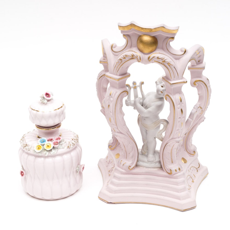 Hand-Painted Pink China Figurine and Bottle