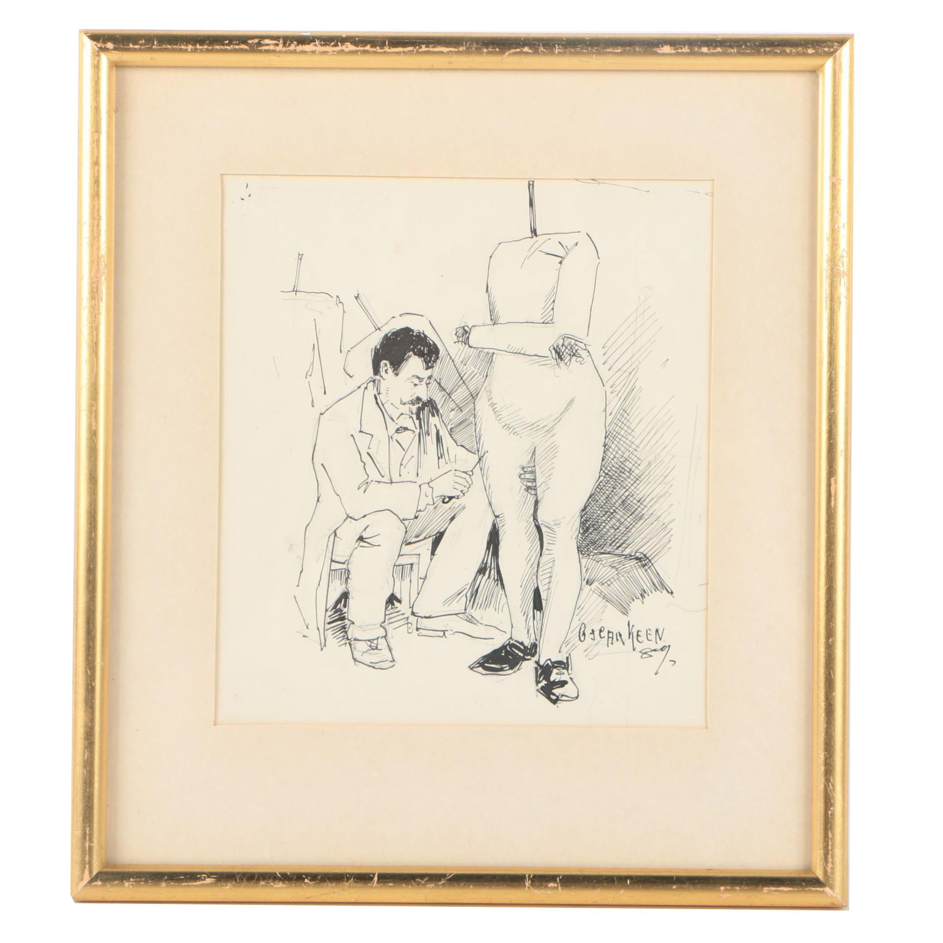 Oscar Keen Ink Drawing on Paper Illustration of a Tailor