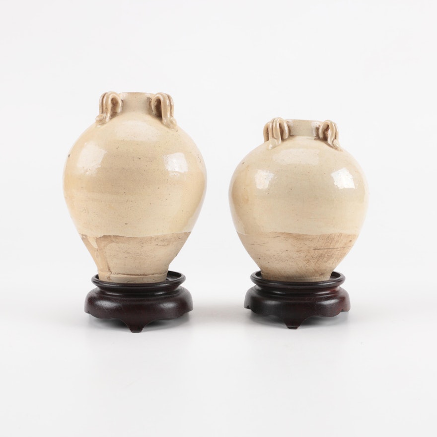 Vintage Chinese Rotund Urn Vases on Wooden Stands