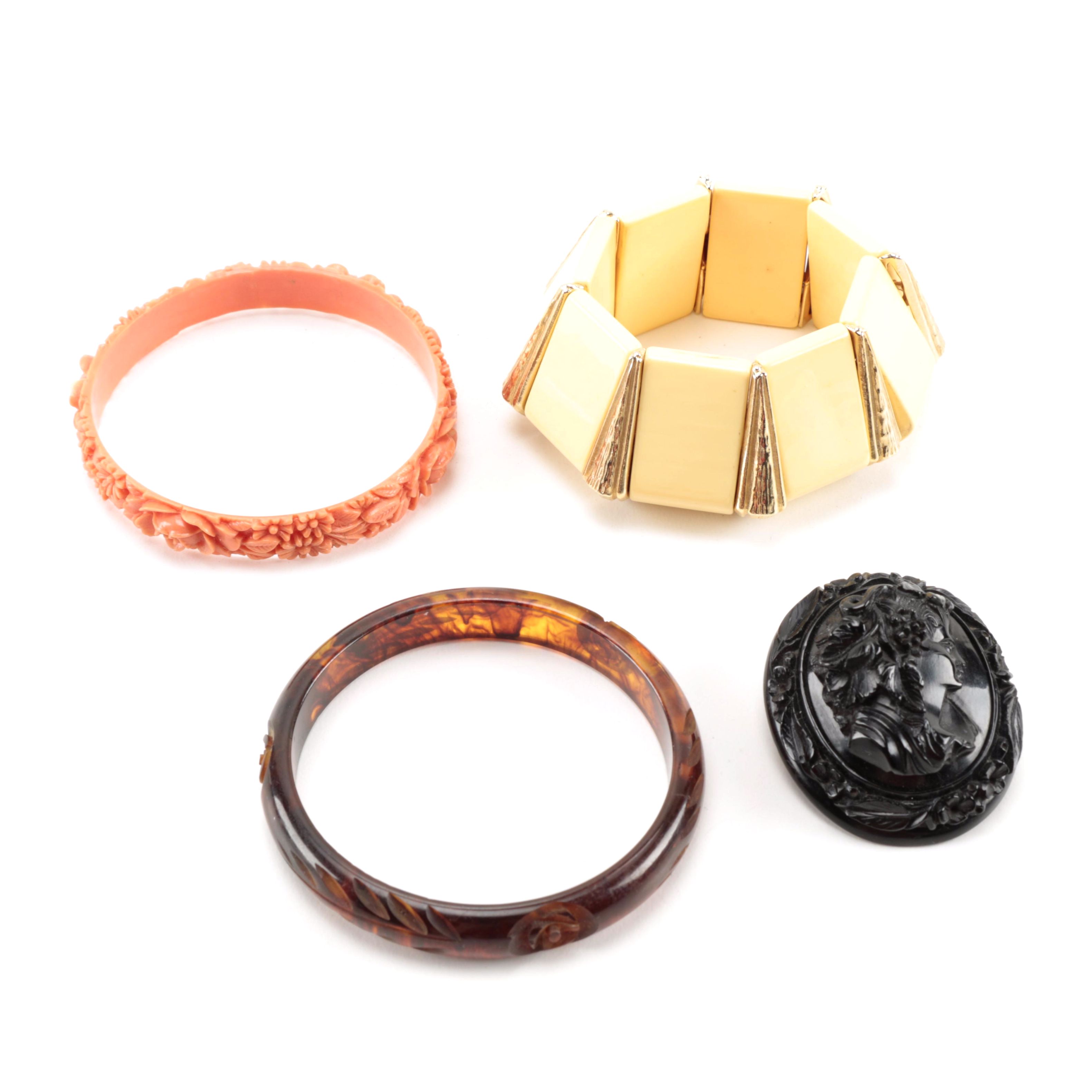 Vintage Carved Bakelite Bracelets and Antique Brooch