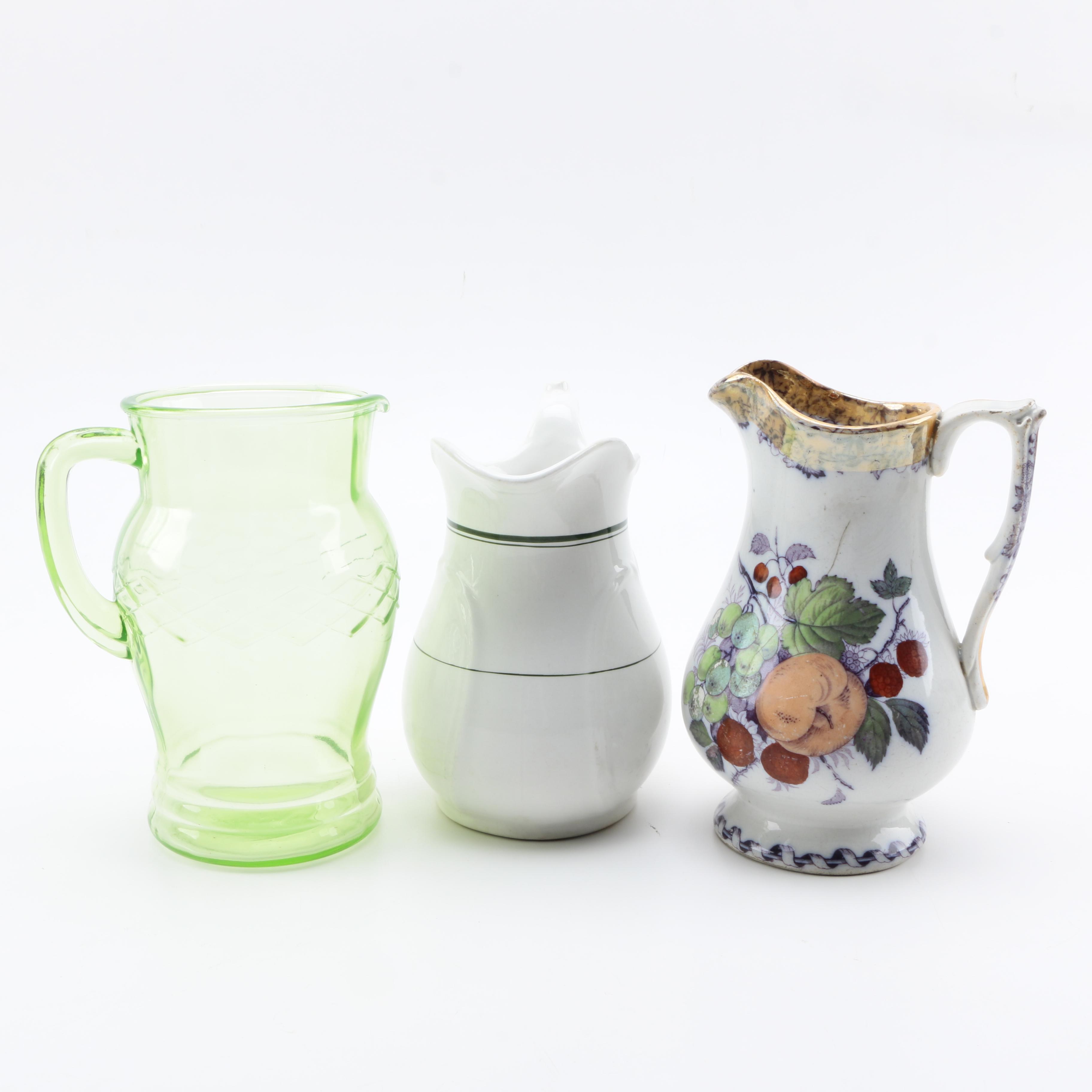 Assorted Glass and Antique Ceramic Pitchers