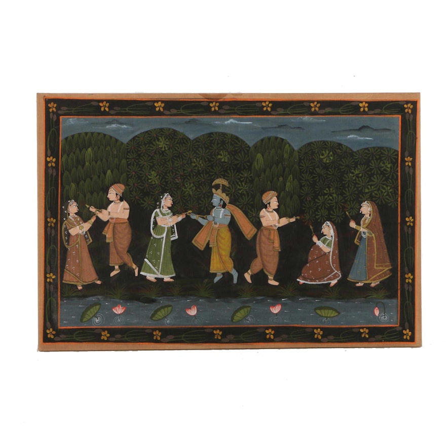 Indian Gouache Painting on Linen of Krishna and Figures