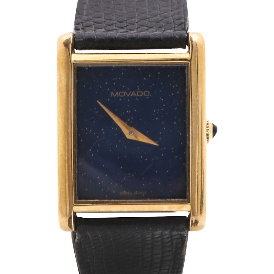 Movado Gold Plate and Black Leather Wristwatch