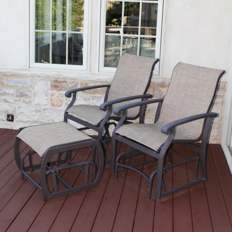 Two Winston Glider Rocking Patio Chairs with Ottoman