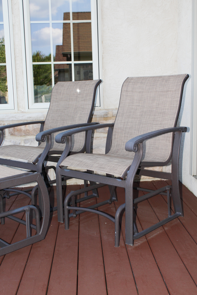 Two Winston Glider Rocking Patio Chairs with Ottoman