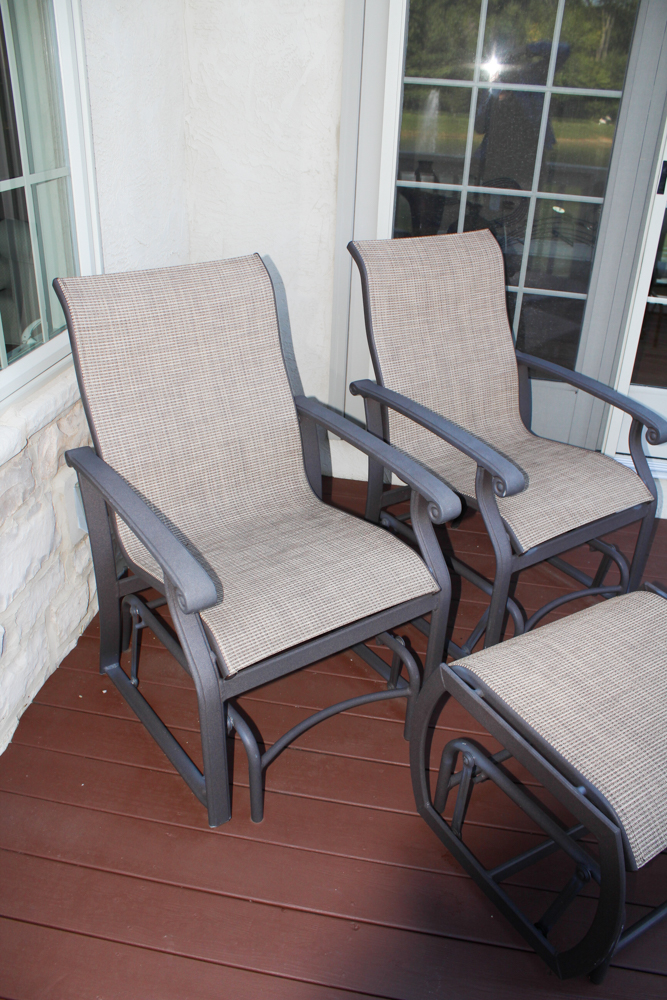 Two Winston Glider Rocking Patio Chairs with Ottoman
