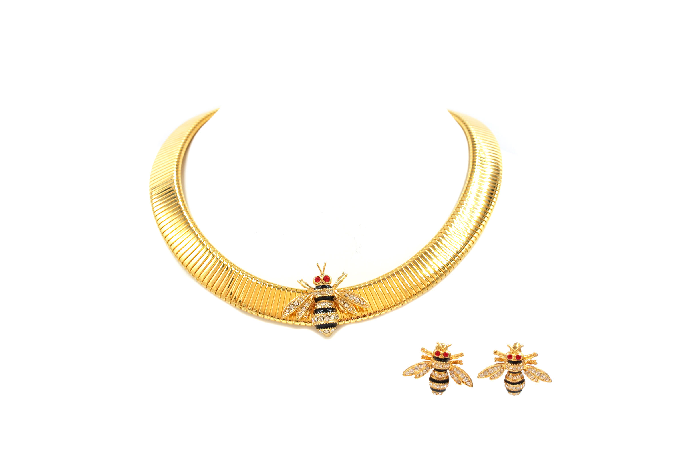 18K Gold Overlay Russian Imperial Slider Necklace with Bee Pendant and Earrings