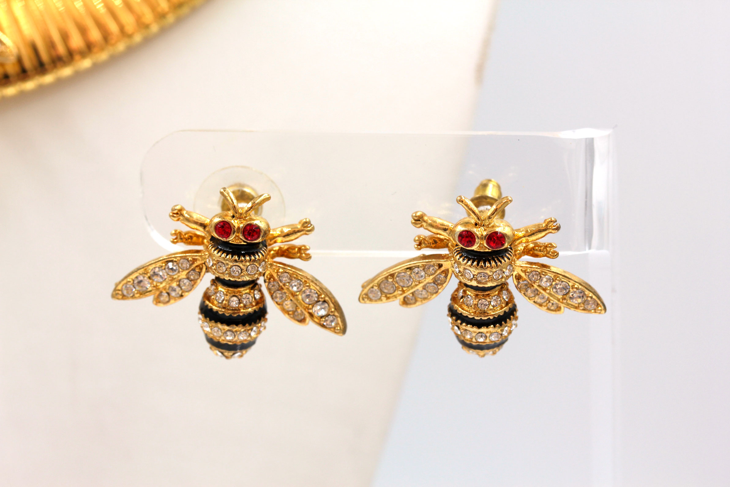 18K Gold Overlay Russian Imperial Slider Necklace with Bee Pendant and Earrings