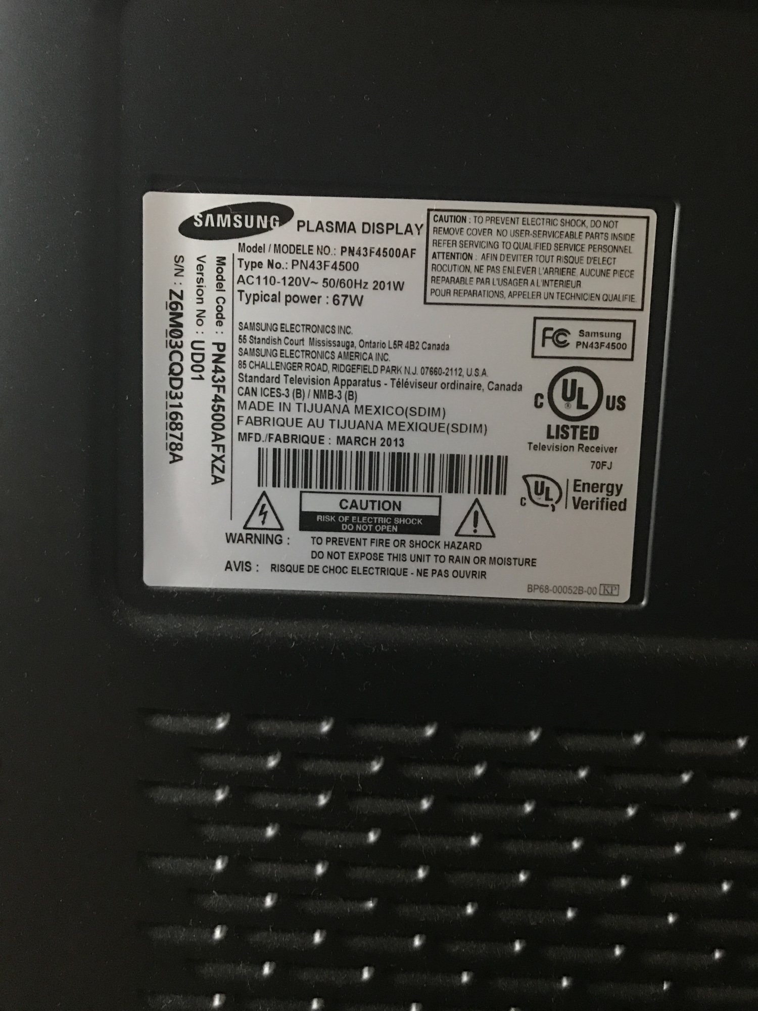 Samsung 43" Plasma Television