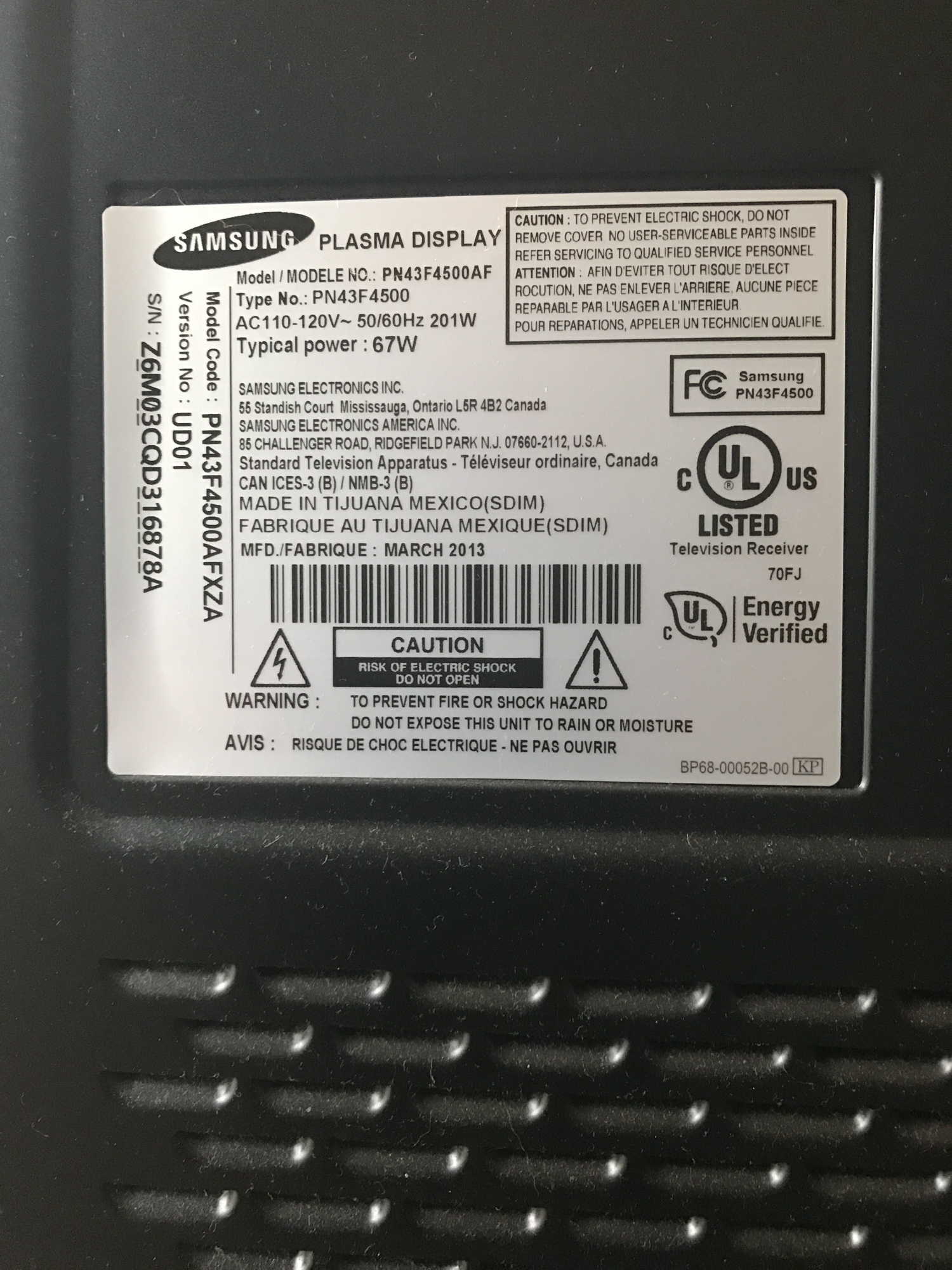 Samsung 43" Plasma Television