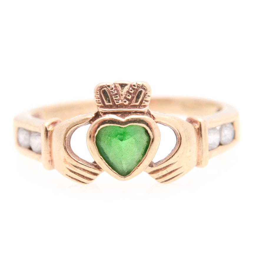 9K Yellow Gold Claddagh Synthetic Emerald and Cubic Zirconia RIng