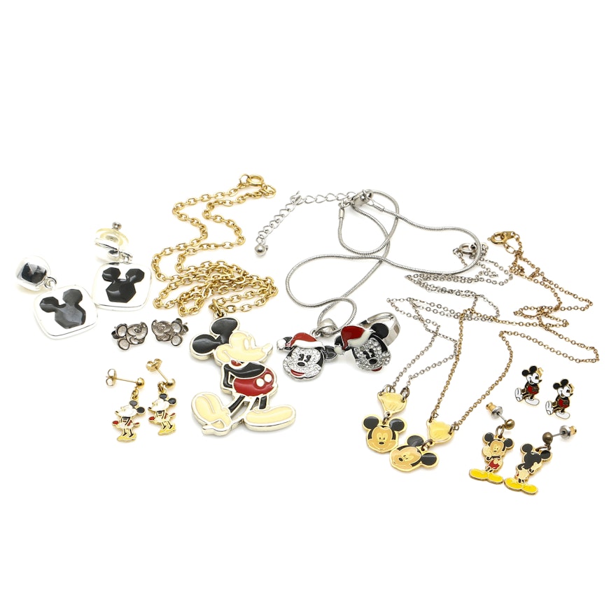 Mickey and Minnie Mouse Jewelry With Rhinestones and Enameling