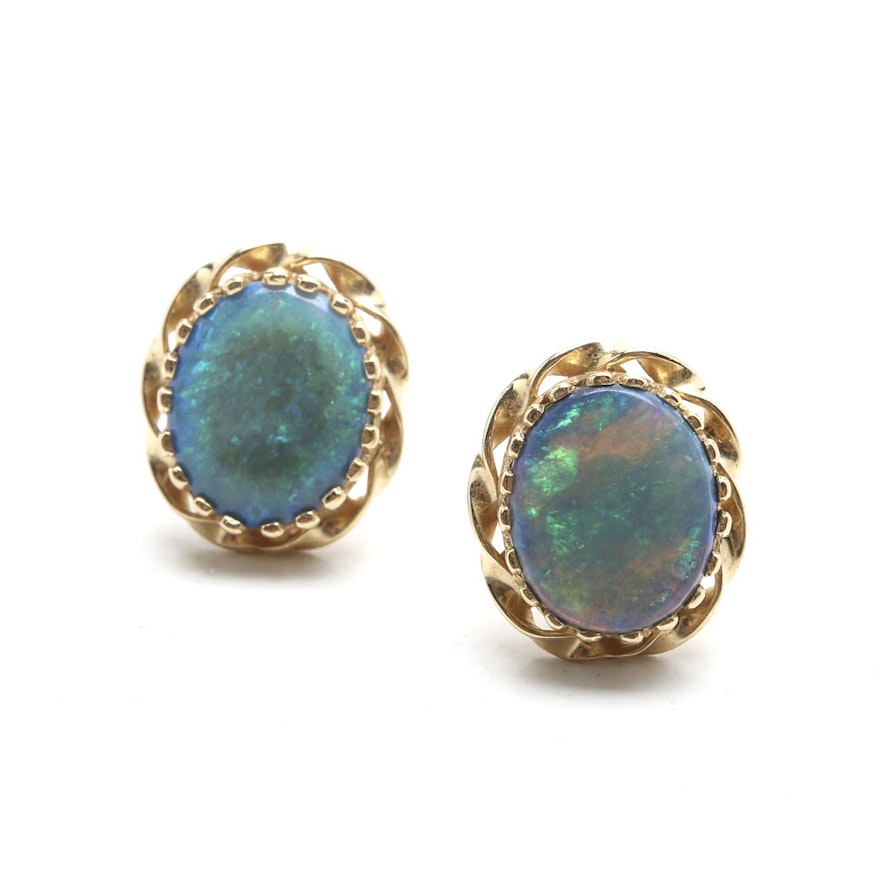 14K Yellow Gold Opal Doublet Stud Earrings