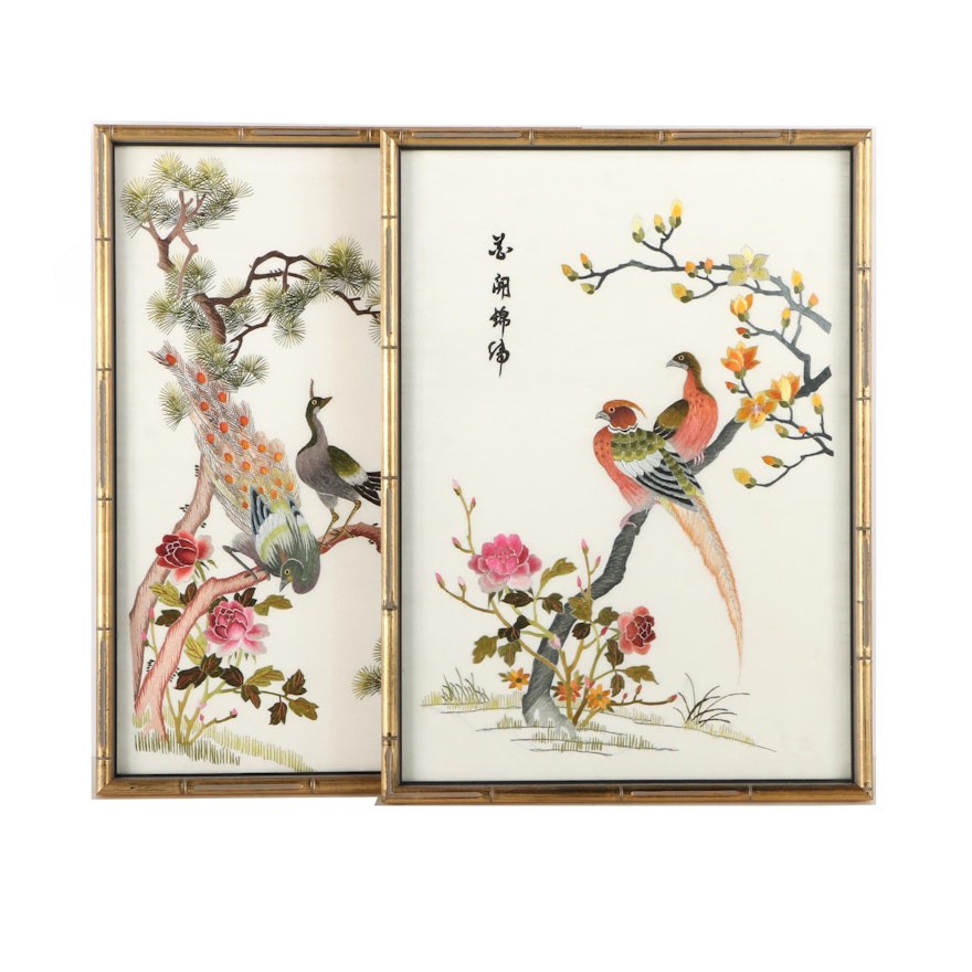 Chinese Embroideries on Silk With Birds, Trees, and Flowers