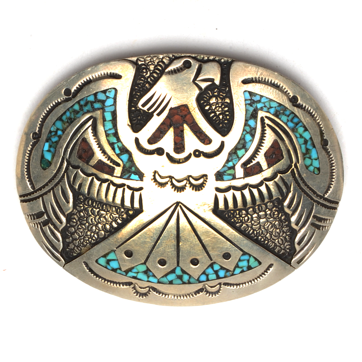 J. Nezzie Navajo Turquoise and Coral Inlaid Eagle Belt Buckle