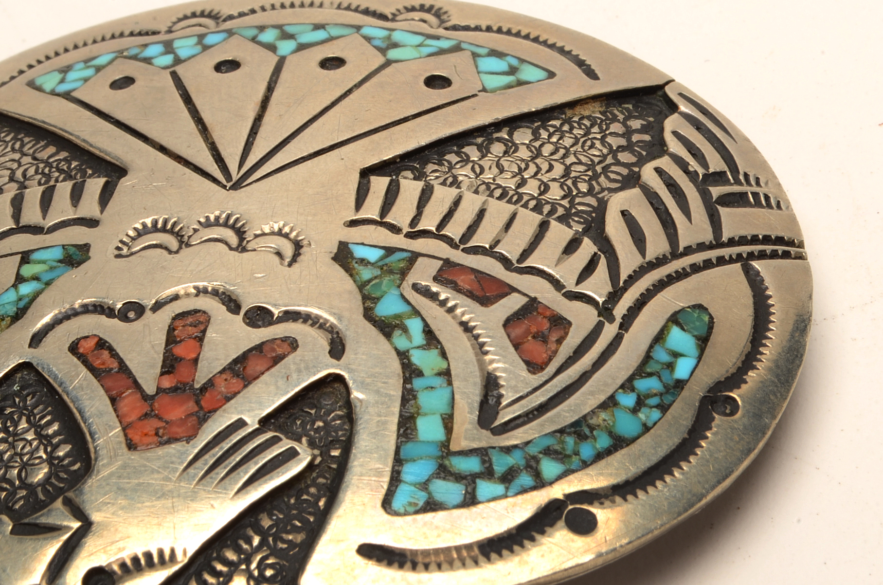 J. Nezzie Navajo Turquoise and Coral Inlaid Eagle Belt Buckle