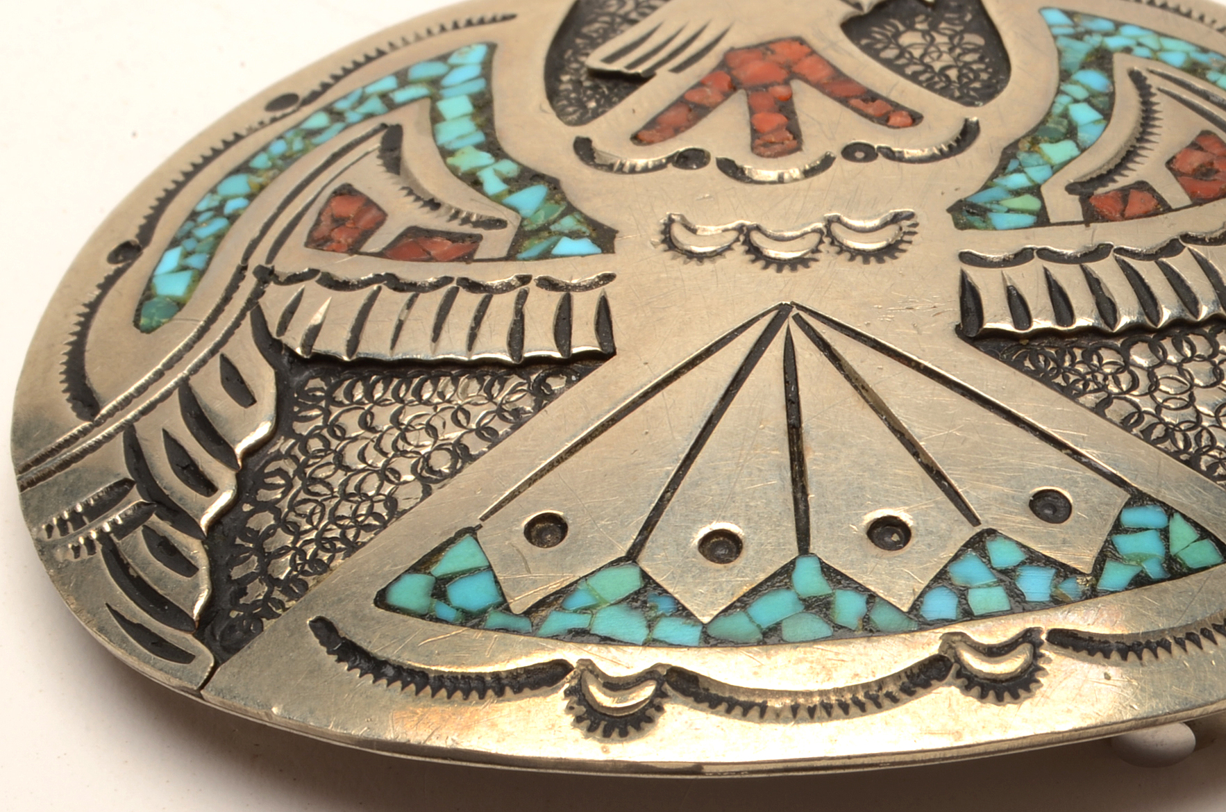 J. Nezzie Navajo Turquoise and Coral Inlaid Eagle Belt Buckle