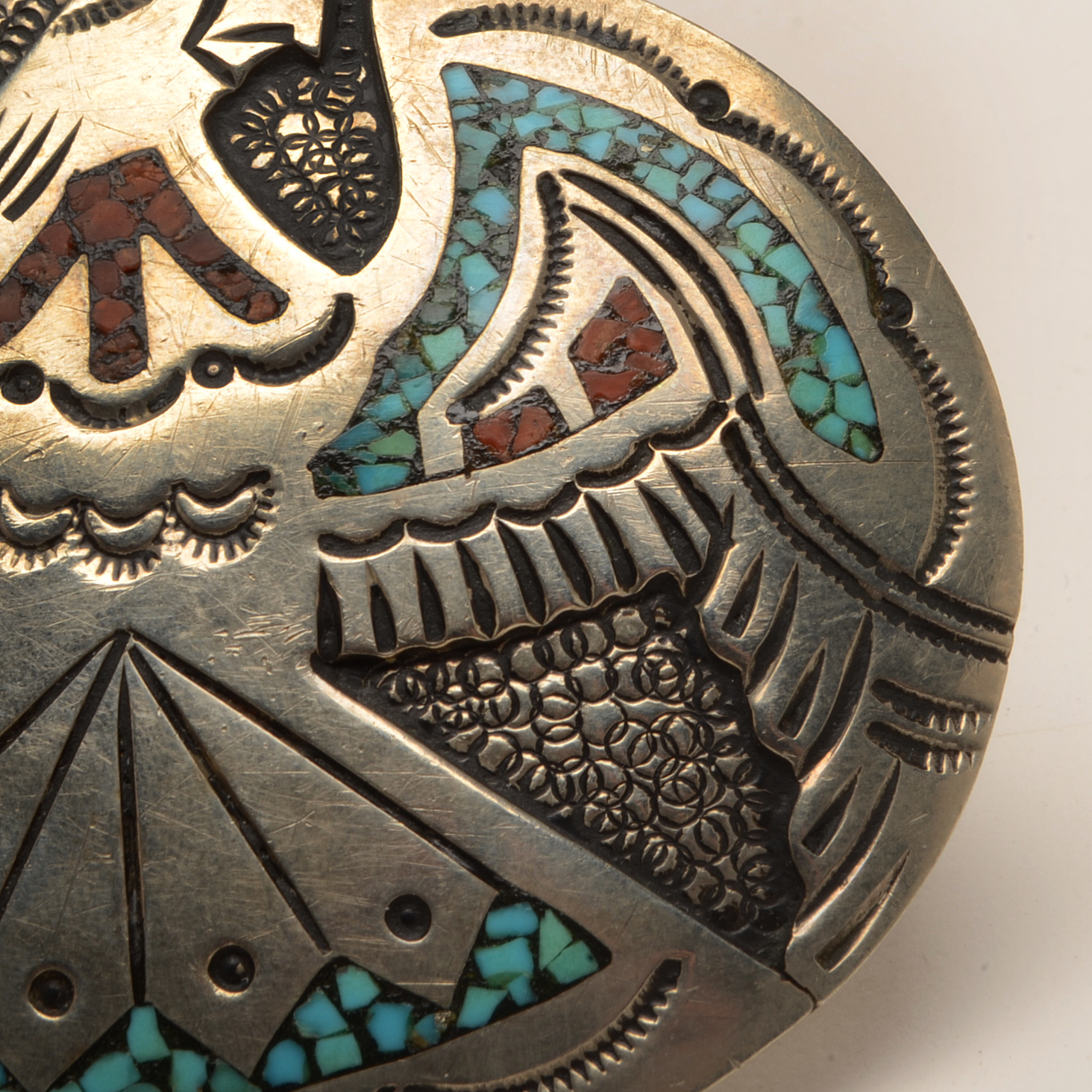 J. Nezzie Navajo Turquoise and Coral Inlaid Eagle Belt Buckle