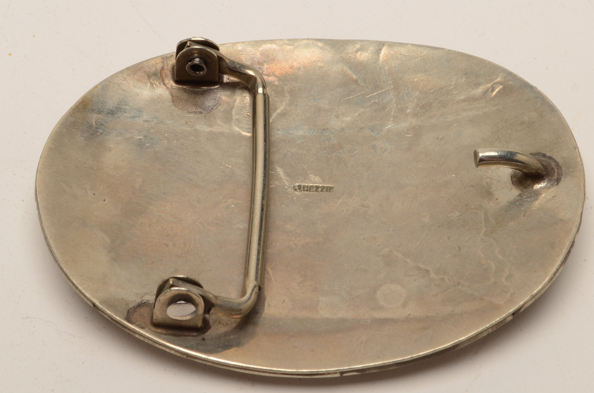 J. Nezzie Navajo Turquoise and Coral Inlaid Eagle Belt Buckle