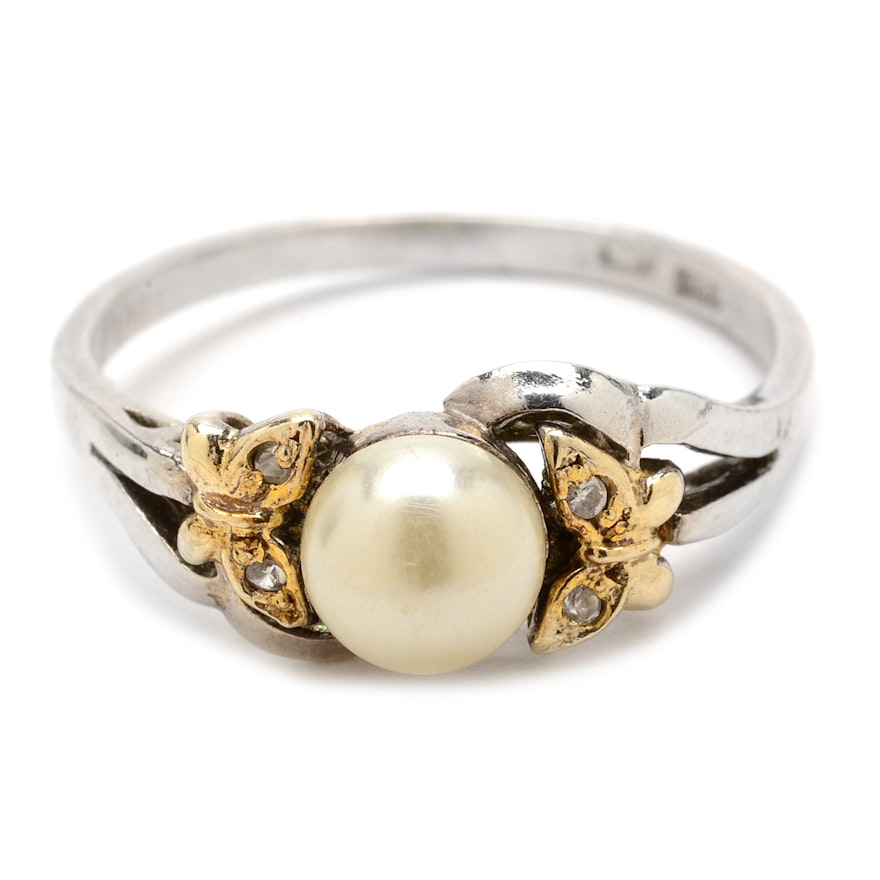 Sterling Silver and Faux Pearl Butterfly Ring