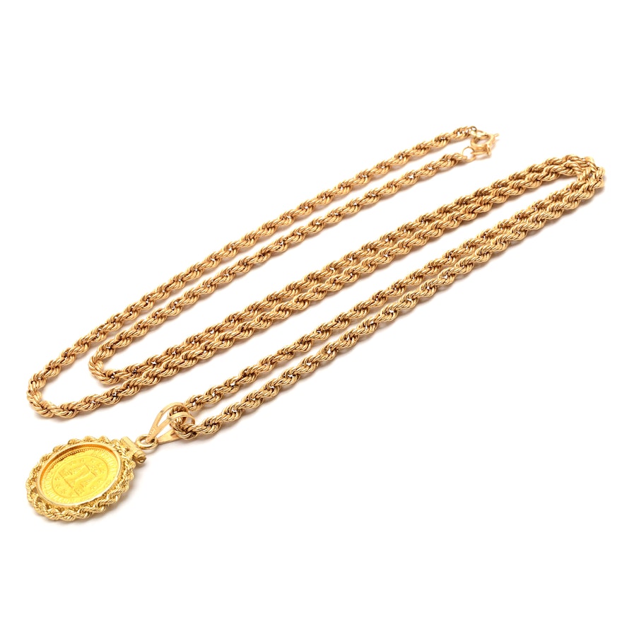 1/20 Ounce Gold Bullion Round on 14K Gold Pendant and Chain