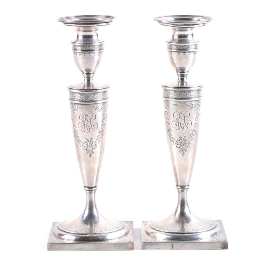Pair of Gorham Engraved Sterling Silver Candlesticks