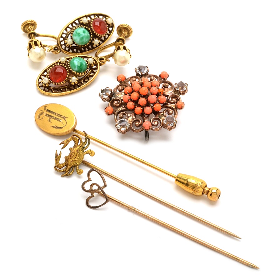 Vintage Jewelry With 10K Gold and Imitation Stone Elements