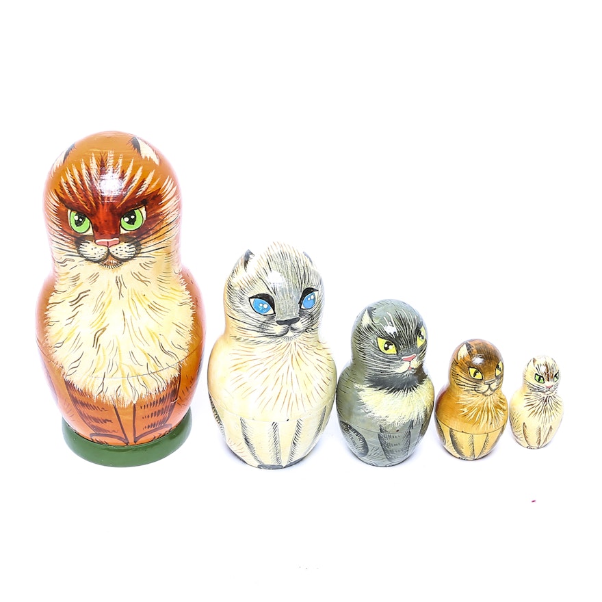 Vintage Hand Painted Russian Cat Nesting Dolls