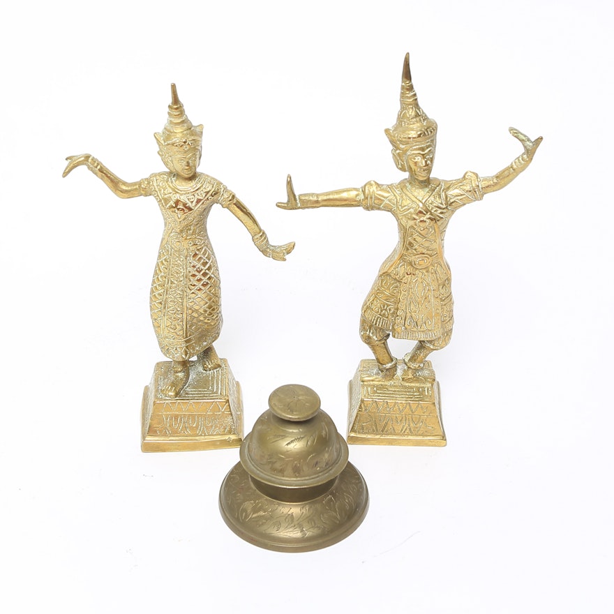 Grouping of Brass Indonesian Dancers and Bell