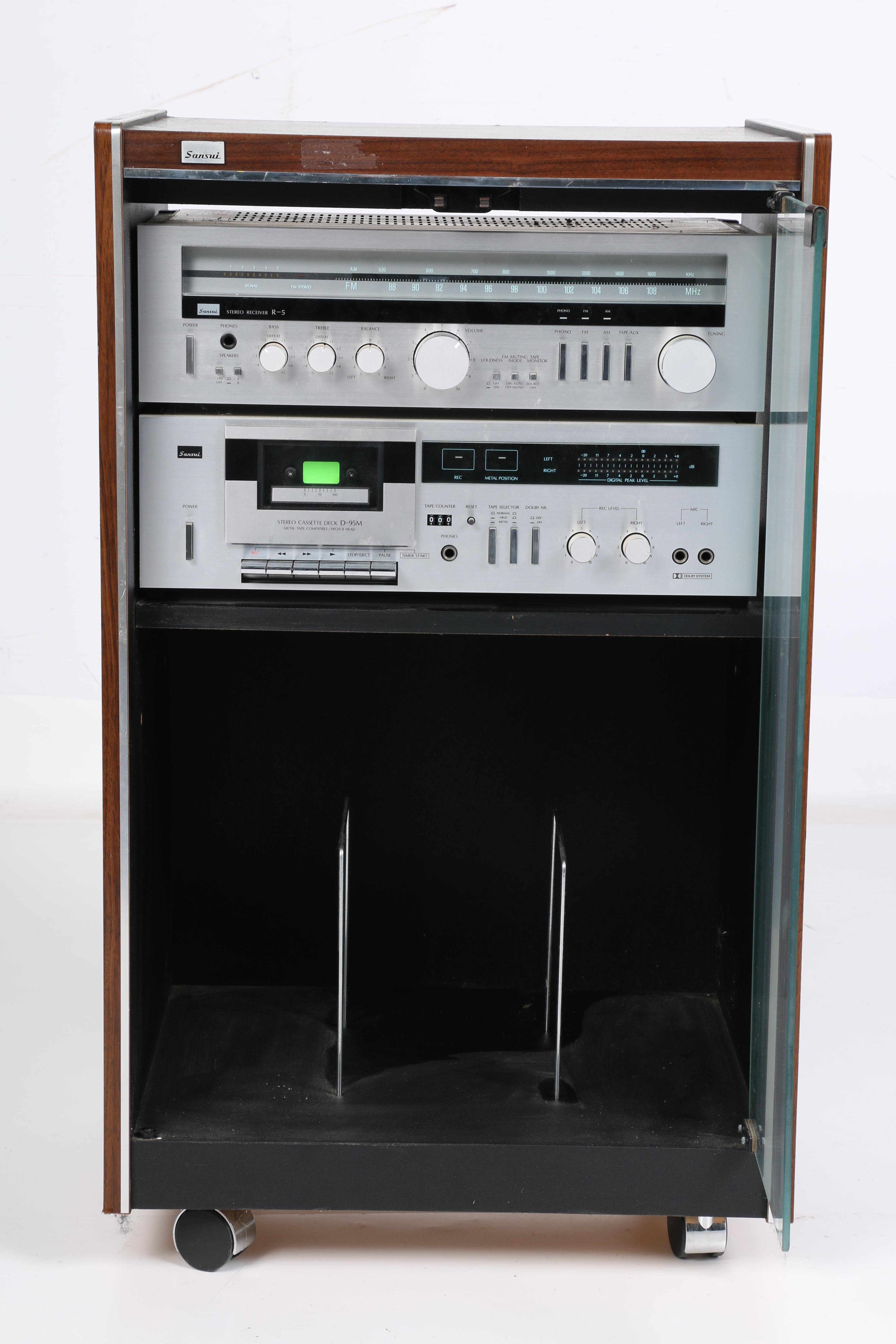 Vintage Sansui R-5 Stereo Receiver and D-95M Cassette Deck in Cabinet