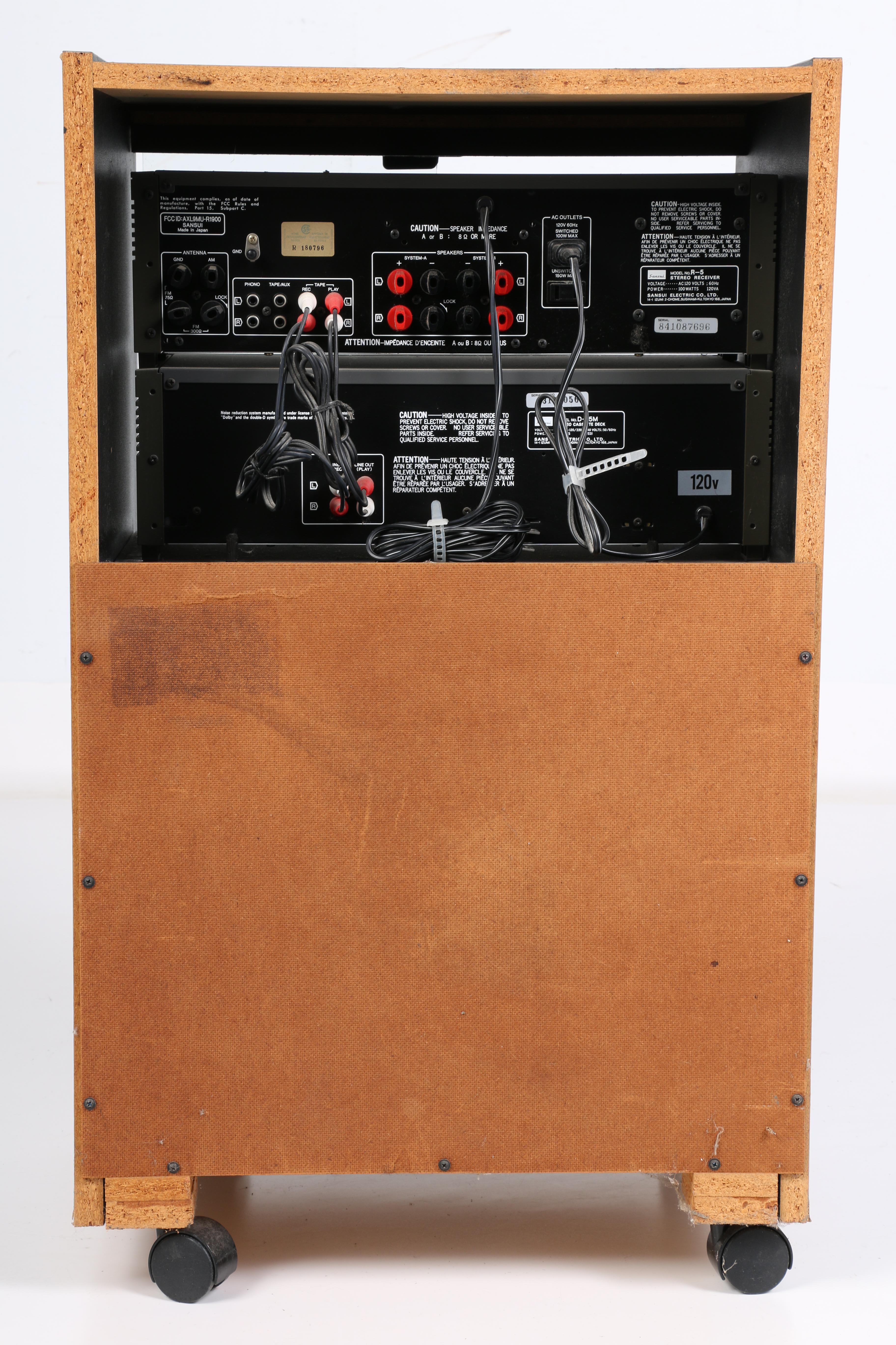Vintage Sansui R-5 Stereo Receiver and D-95M Cassette Deck in Cabinet