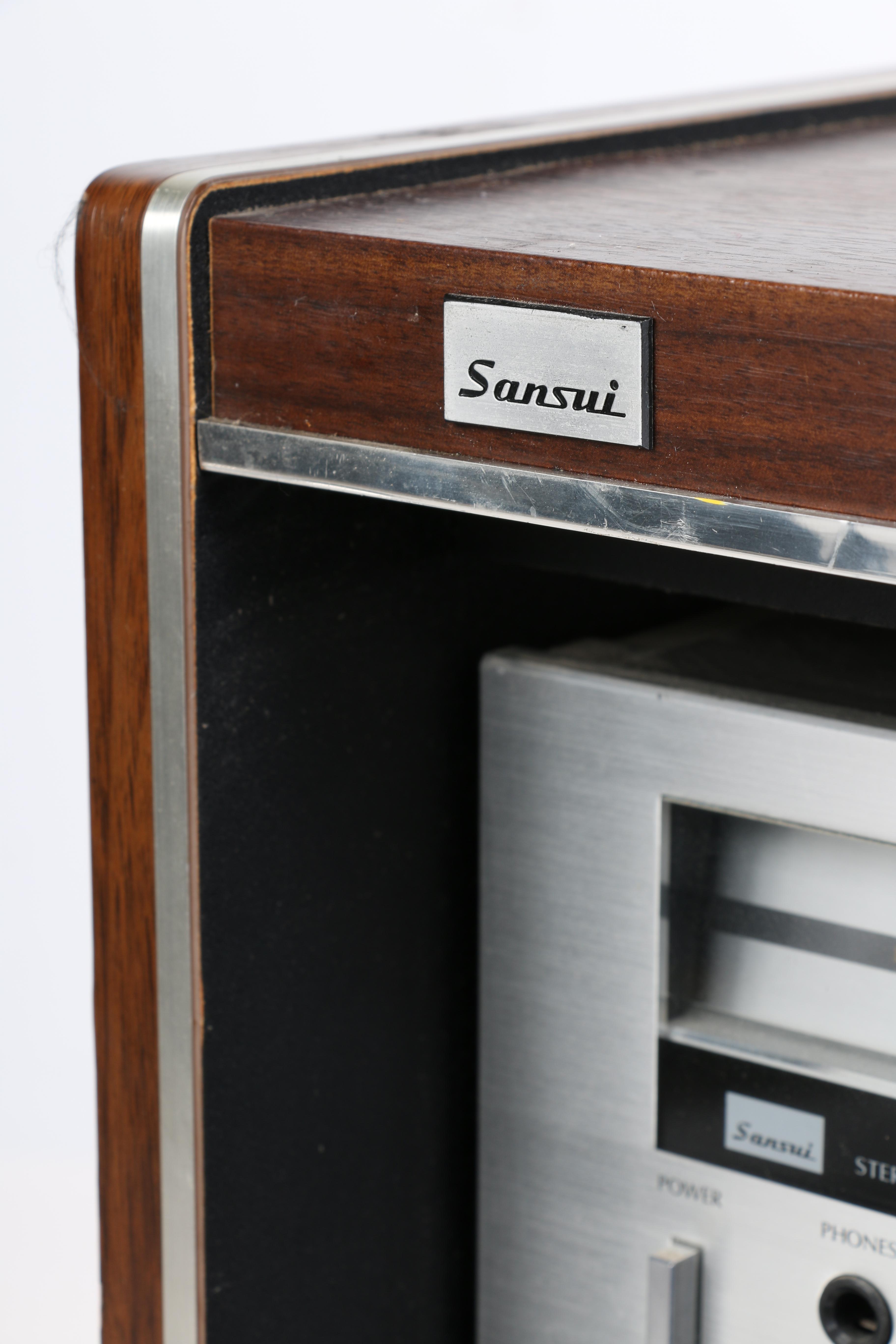 Vintage Sansui R-5 Stereo Receiver and D-95M Cassette Deck in Cabinet