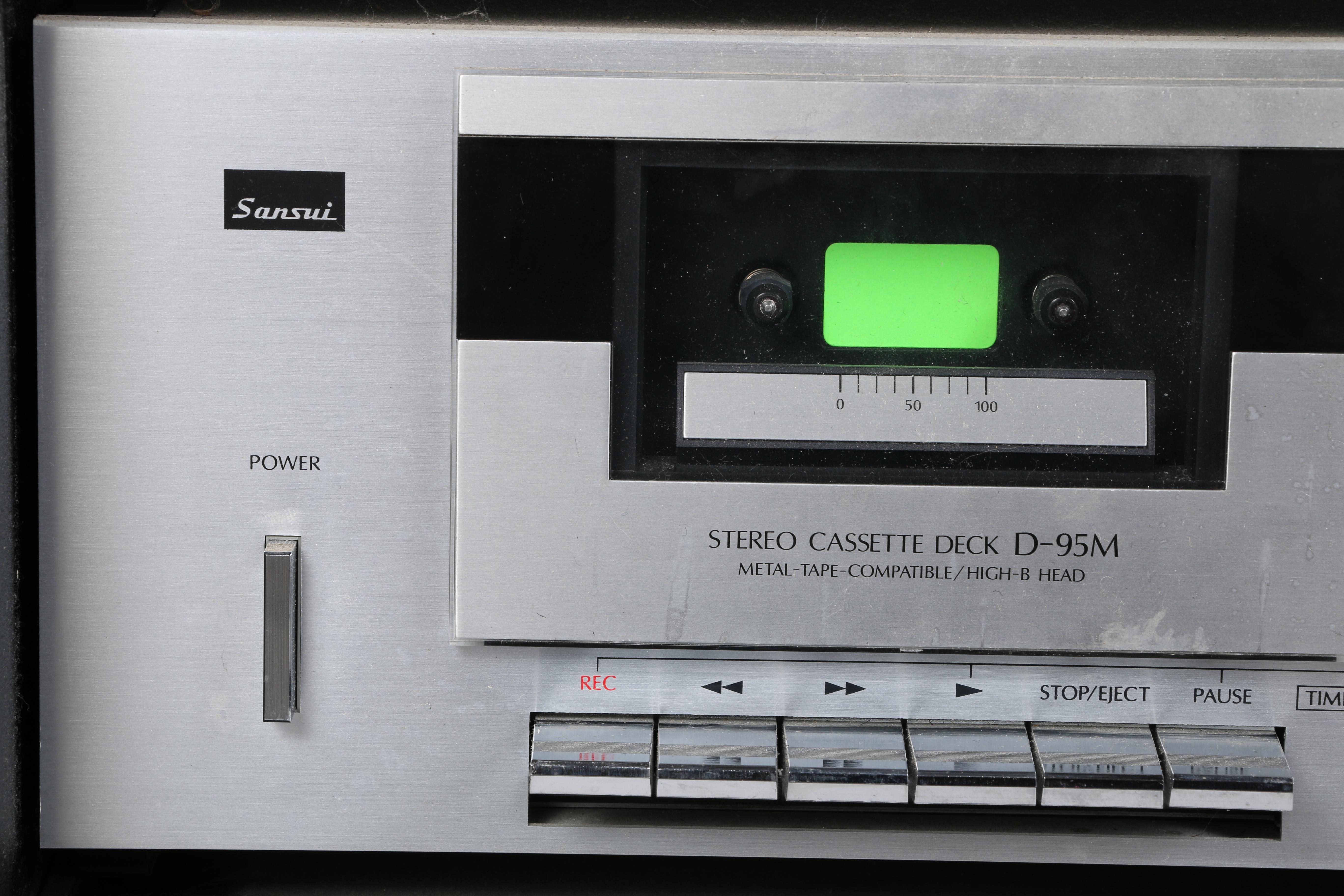 Vintage Sansui R-5 Stereo Receiver and D-95M Cassette Deck in Cabinet
