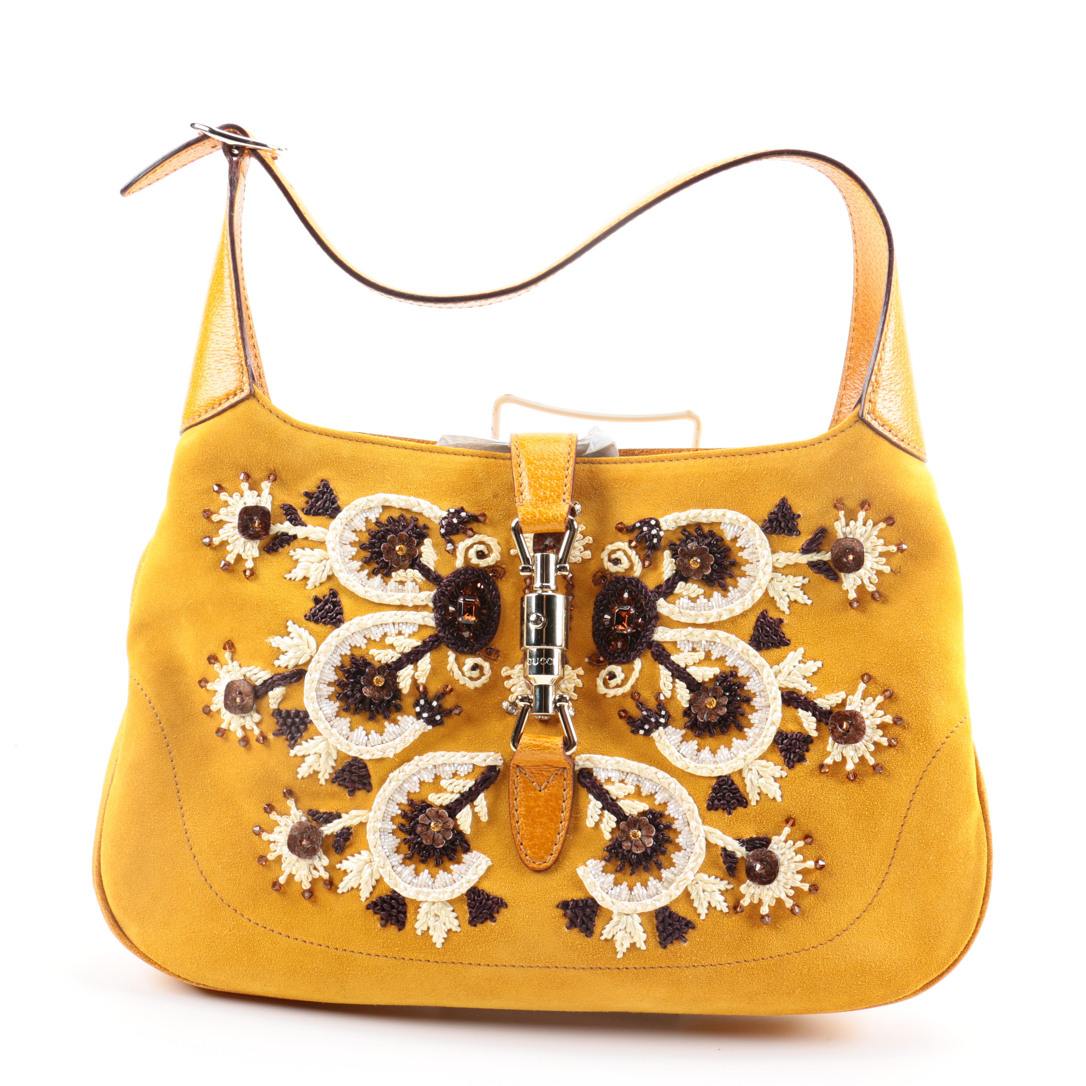 Gucci Yellow Embellished Suede Jackie O Bouvier Handbag