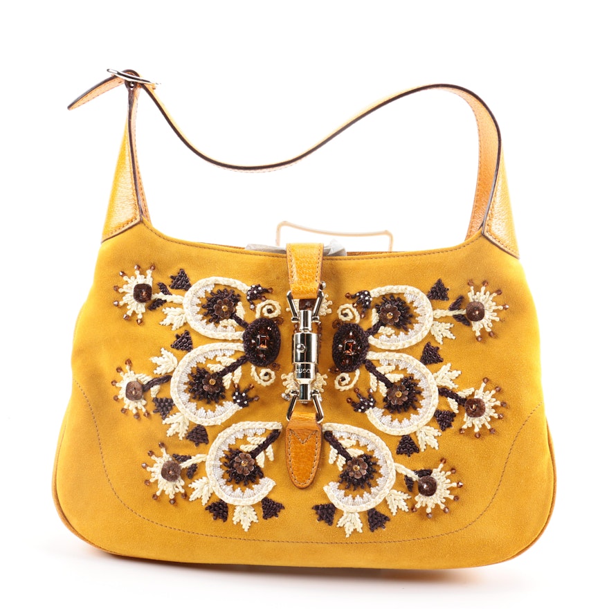 Gucci Yellow Embellished Suede Jackie O Bouvier Handbag