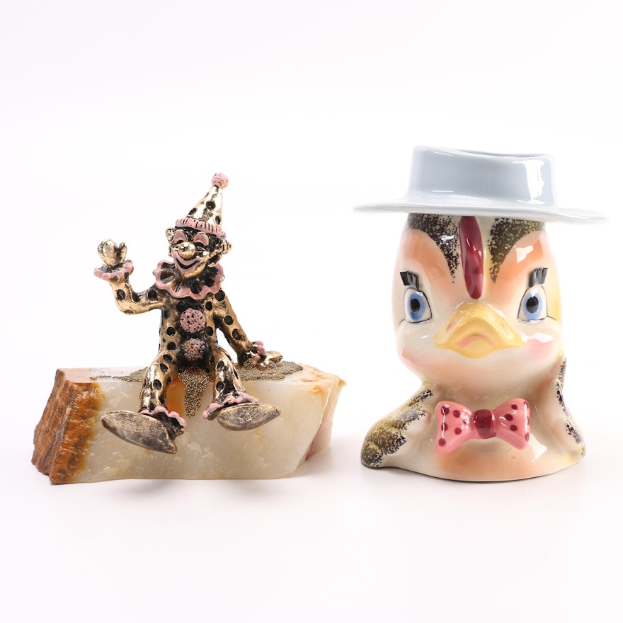 Cast Metal Clown Figurine and Duck Vase