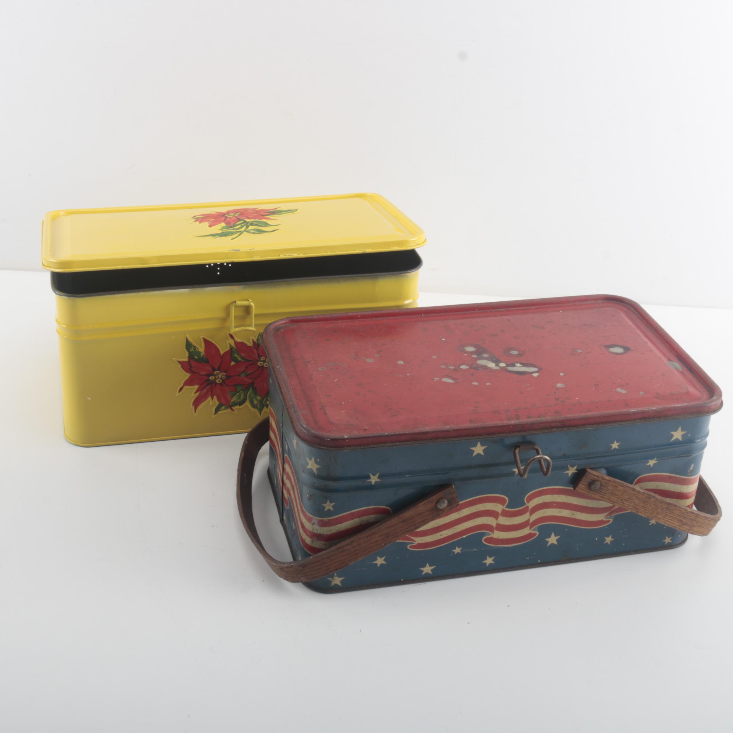 Vintage Golden Cookies "Bread" Tin and "Patriotic Picnic Basket" Tin